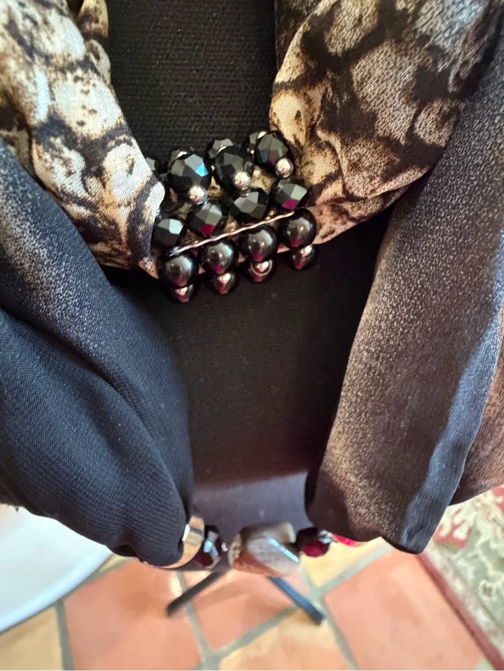 Women's Black and Brown Chiffon Infinity Scarf Necklace